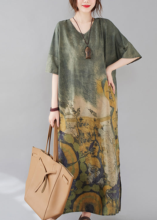 Bohemian Green O-Neck Print Side Open Long Dress Short Sleeve