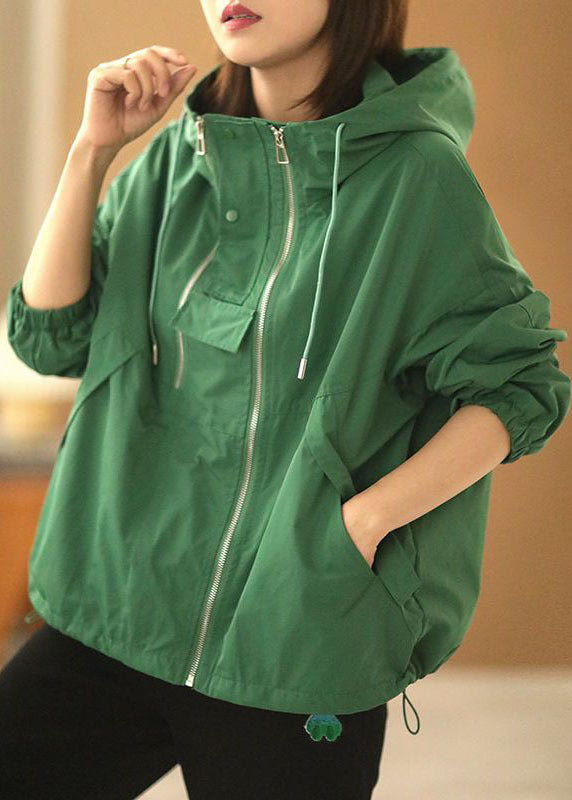 Bohemian Green Oversized Zippered Drawstring Cotton Hooded Coat Long Sleeve