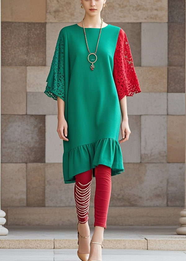 Bohemian Green Ruffles Patchwork Lace Dresses Fall