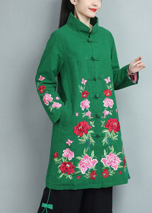 Bohemian Green Stand Collar Embroidered Cotton Coats Fall