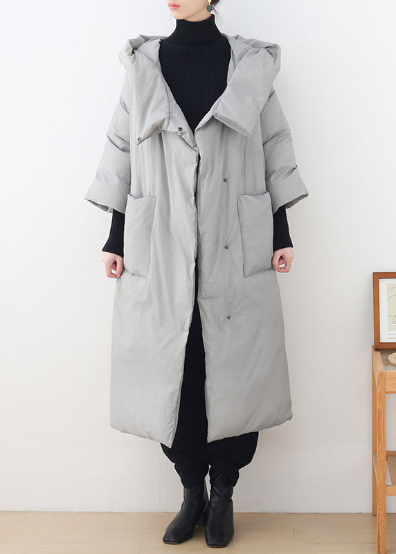 Bohemian Grey Button Pockets Hooded Down Coat Long Sleeve