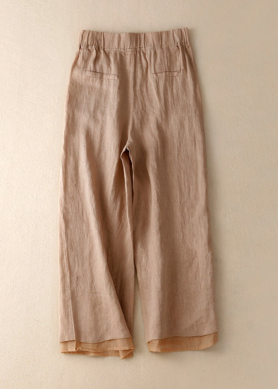 Bohemian Khaki Pockets Elastic Waist Solid Linen Crop Pants Summer