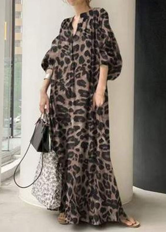 Bohemian Khaki V Neck Leopard Print Chiffon Maxi Dress Puff Sleeve