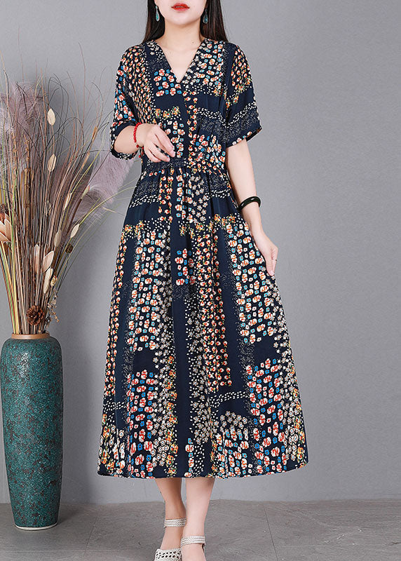 Bohemian Navy V Neck Print Drawstring Silk Long Dress Short Sleeve