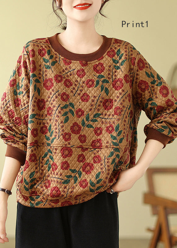 Bohemian O Neck Print Fine Cotton Filled Pullover Top Winter