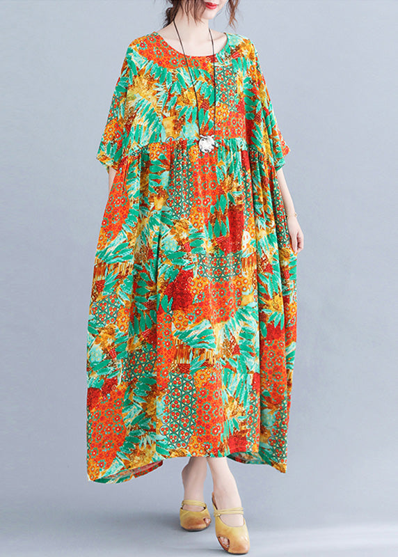 Bohemian Orange O-Neck Print Cozy Maxi Dresses Summer