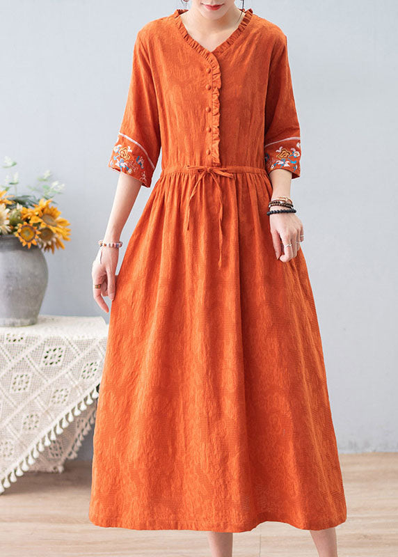 Bohemian Orange Ruffled Drawstring Embroidered Jacquard Cotton Dresses Half Sleeve