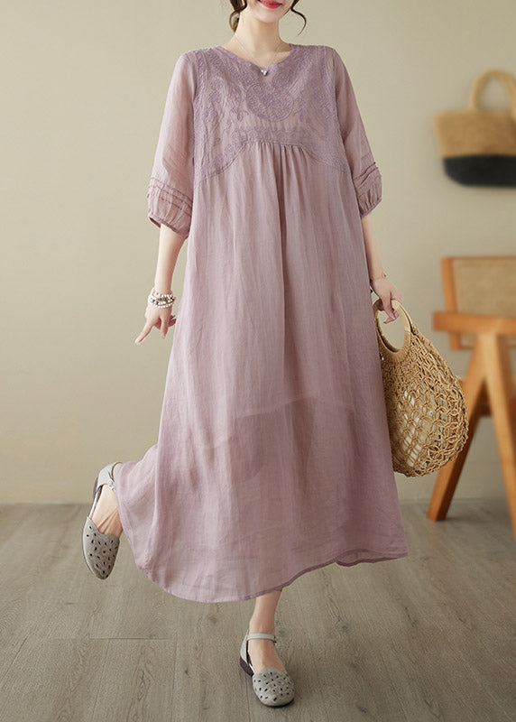 Bohemian Pink O-Neck Embroidered Patchwork Wrinkled Linen Long Dress Half Sleeve