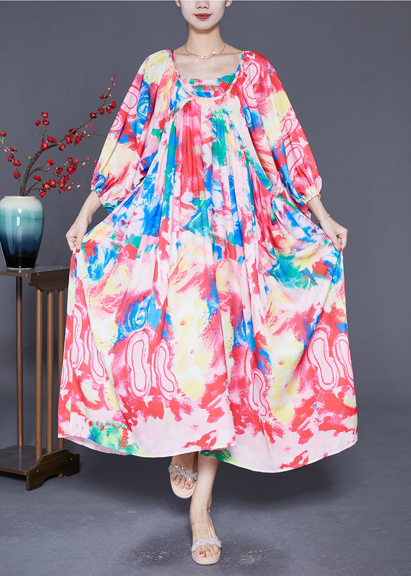 Bohemian Pink Oversized Print Chiffon Beach Dresses Lantern Sleeve