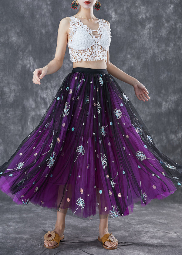 Bohemian Purple Dandelion Embroidered Wear On Both Sides Tulle Skirt Summer