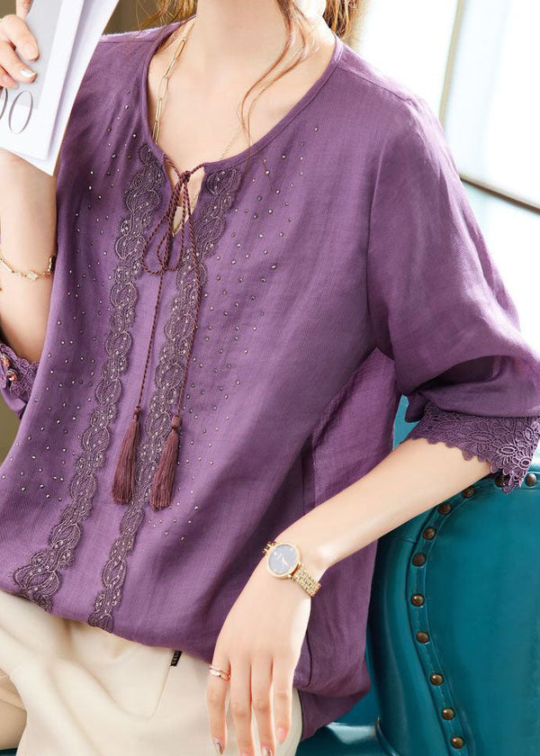 Bohemian Purple Embroidered Zircon Patchwork Linen Tops Summer