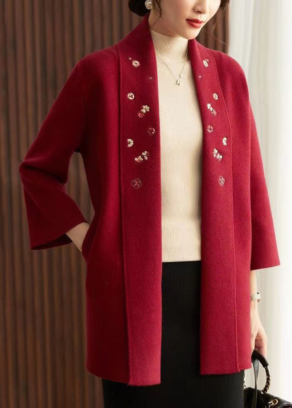 Bohemian Red Embroidered Pockets Patchwork Knit Cardigans Fall