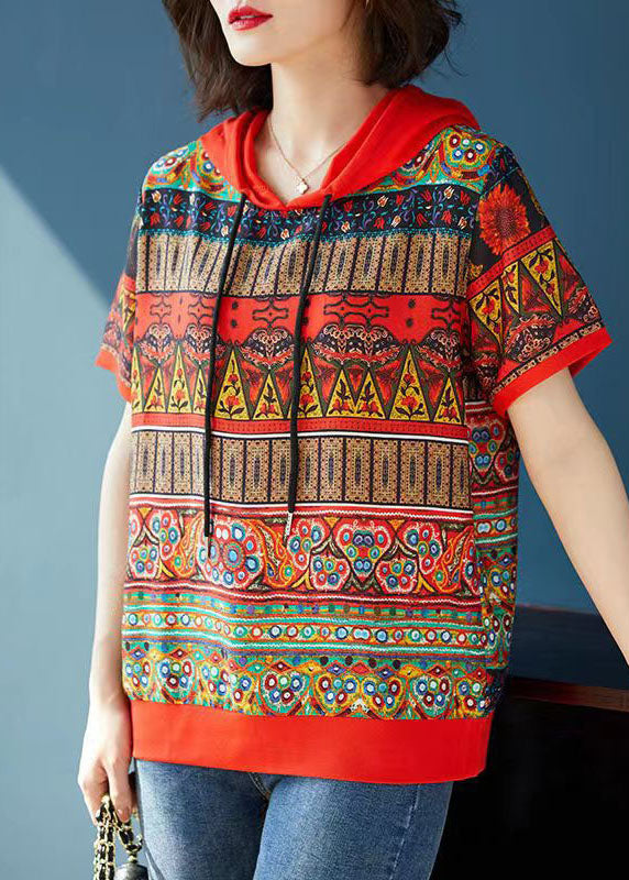 Bohemian Red Hooded Print Patchwork Chiffon T Shirts Tops Summer