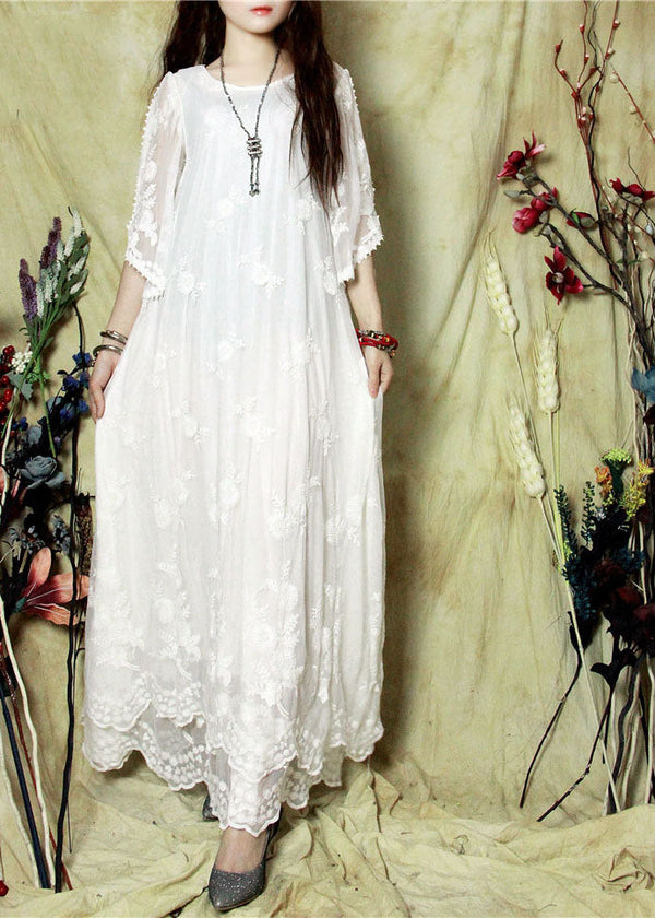 Bohemian White Embroidered Cold Shoulder Lace Long Dresses Spring