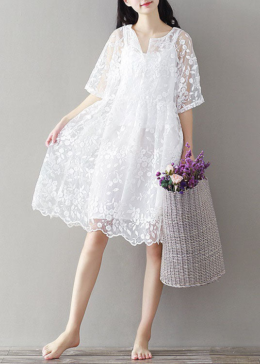 Bohemian White Embroidered Lace Patchwork Tulle Mid Dress Summer