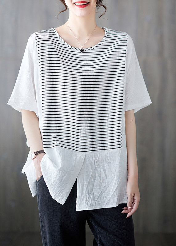 Bohemian White O-Neck Striped Patchwork Cotton Shirt Short Sleeve