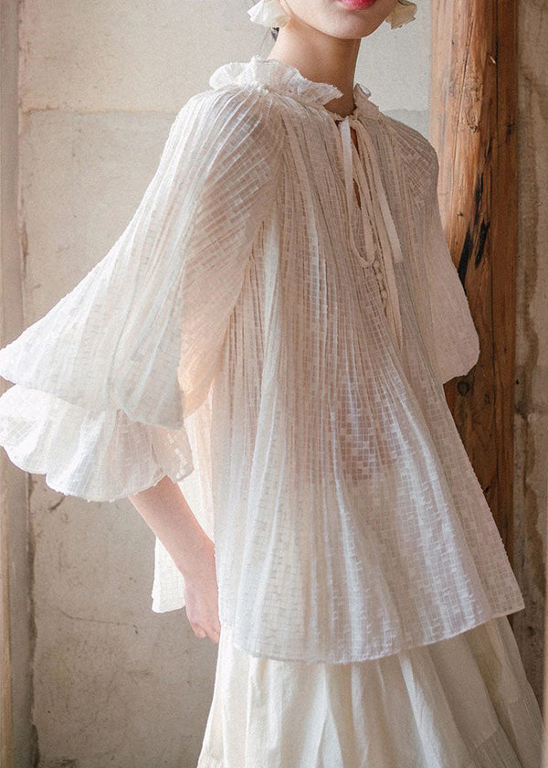 Bohemian White Ruffled Lace Up Cotton Blouses Lantern Sleeve