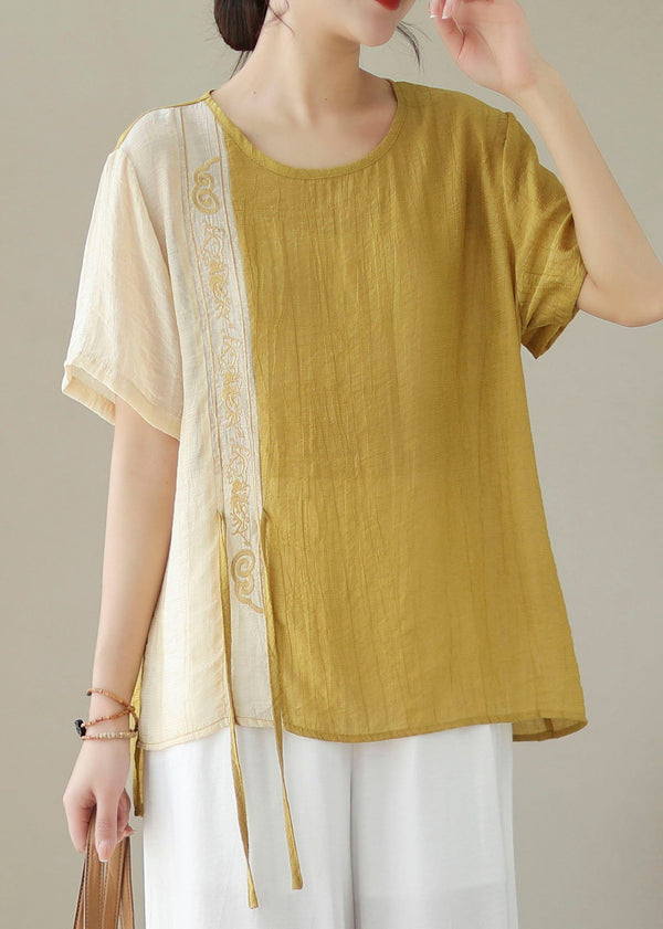 Bohemian Yellow Embroidered Patchwork Cotton Shirt Top Summer