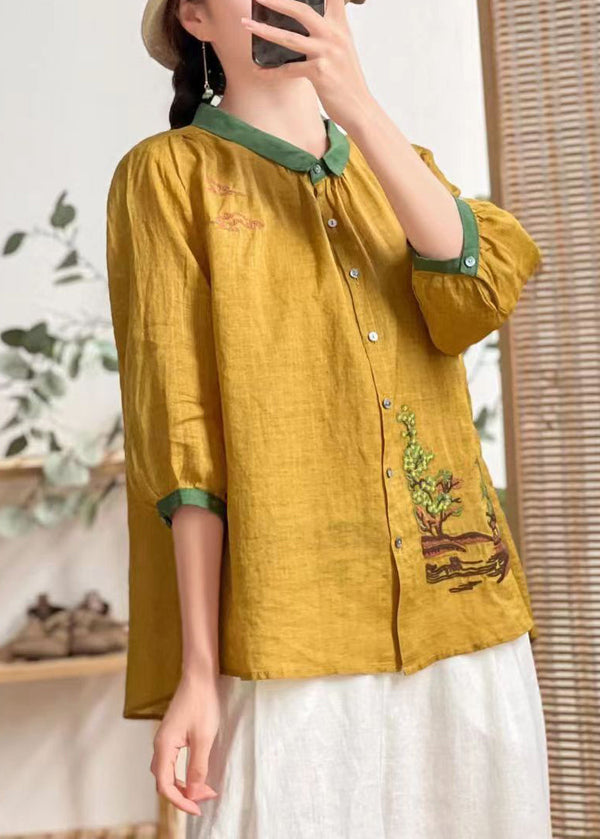 Bohemian Yellow Embroidered Patchwork Linen Shirt Tops Summer