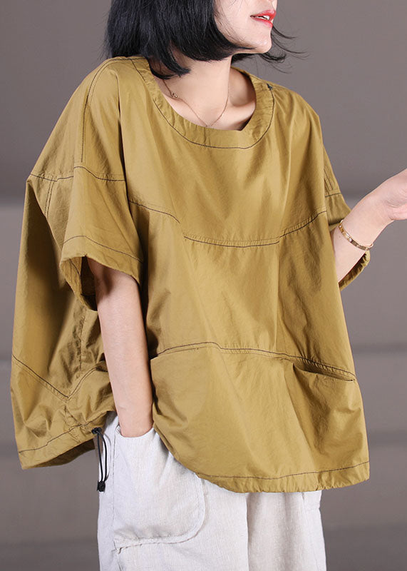 Bohemian Yellow O-Neck Pockets Line Cotton Top Short Sleeve