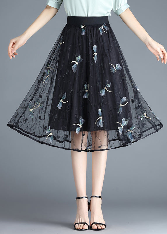 Boho Black Butterfly Embroidered Elastic Waist Tulle Skirt Summer