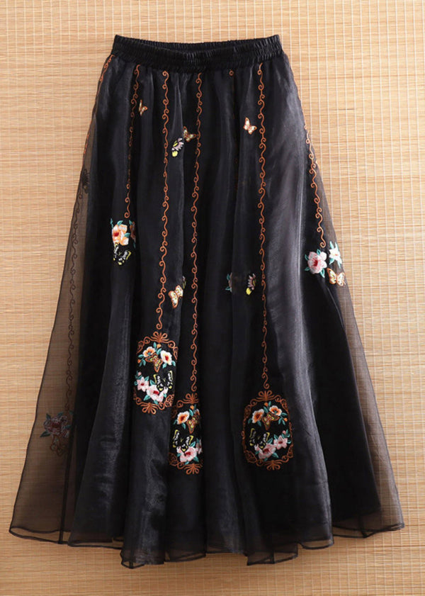 Boho Black Elastic Waist Embroidered Tulle Maxi Skirts Summer