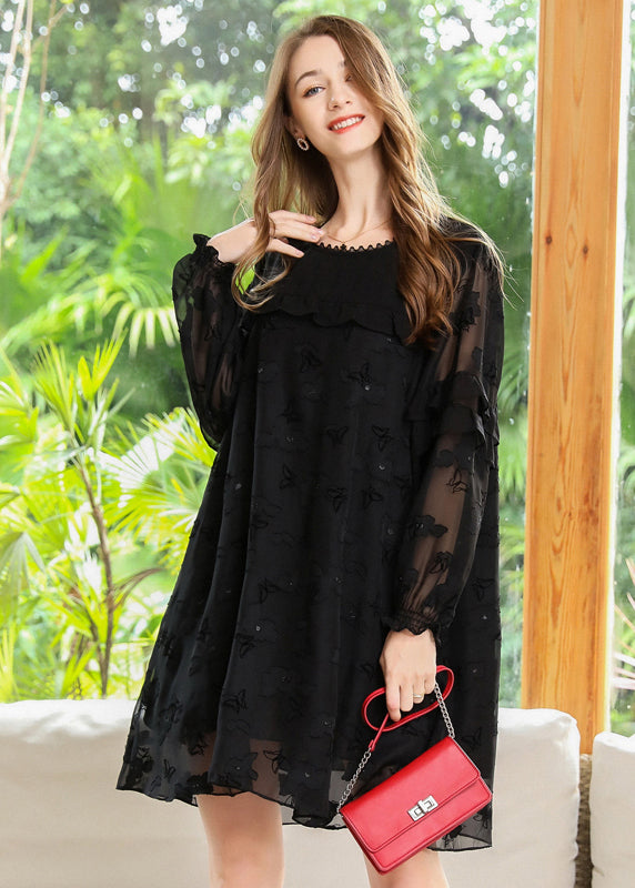 Boho Black Embroidered Patchwork Ruffles Chiffon Maxi Dresses Spring