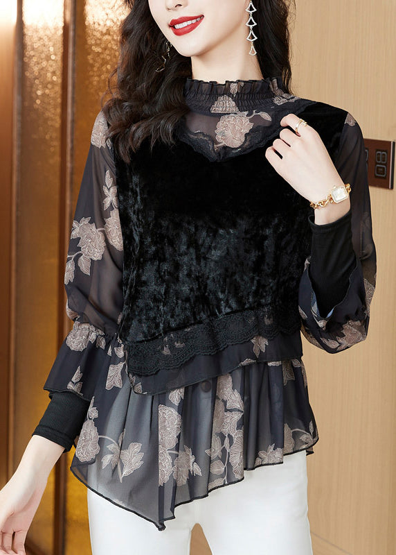 Boho Black O-Neck Asymmetrical Embroidered Patchwork Chiffon Tops Long Sleeve