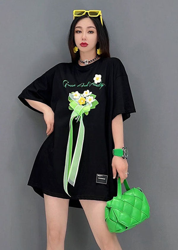 Boho Black O-Neck Embroidered Bow Cotton Tanks Short Sleeve