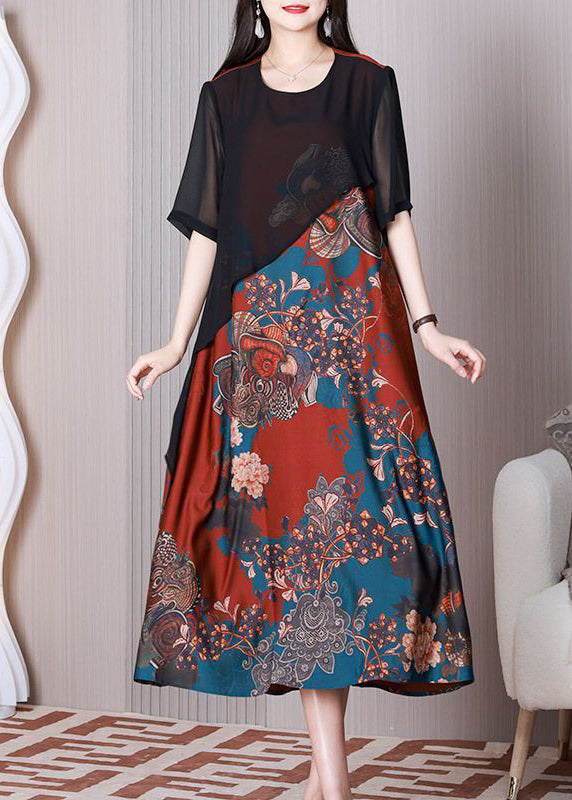 Boho Black O-Neck Patchwork Silk Fake Two Piece Long Dress Summer