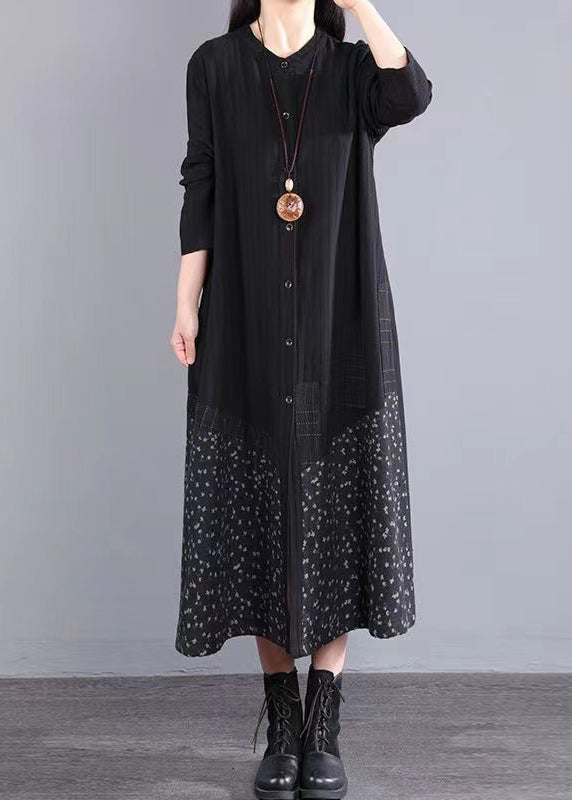 Boho Black Stand Collar Button Patchwork Cotton Dress Fall