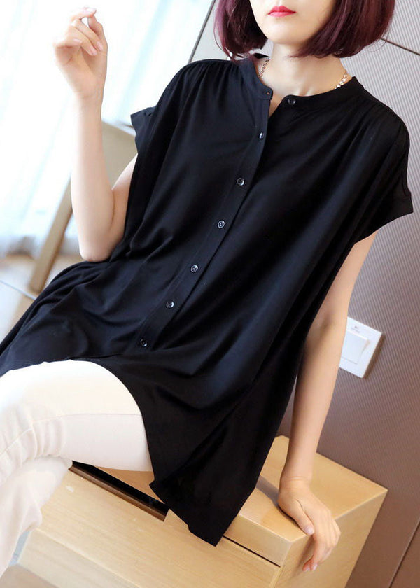 Boho Black Stand Collar Oversized Button Cotton Shirt Short Sleeve