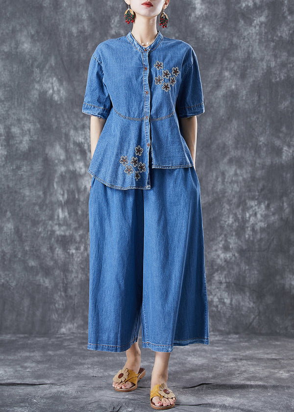 Boho Blue Asymmetrical Embroidered Denim Two Piece Set Fall