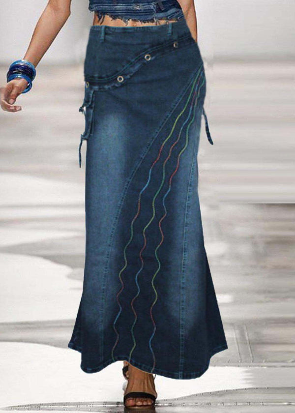 Boho Blue Embroidered Patchwork Denim Skirts Summer