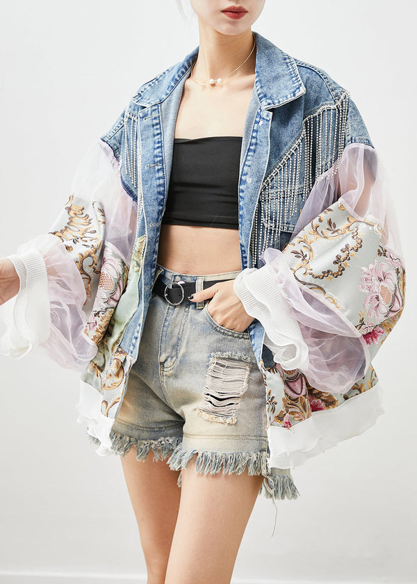 Boho Blue Tasseled Patchwork Tulle Denim Coat Lantern Sleeve