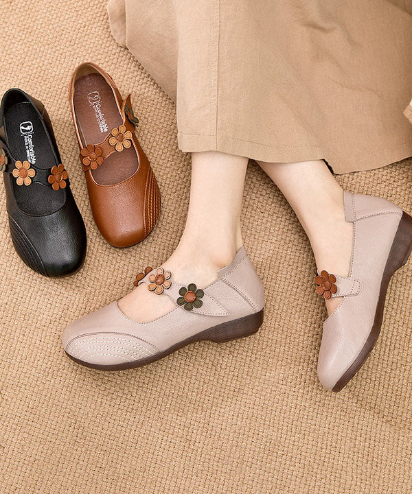 Boho Buckle Strap Flat Shoes For Women Apricot Floral Cowhide Leather