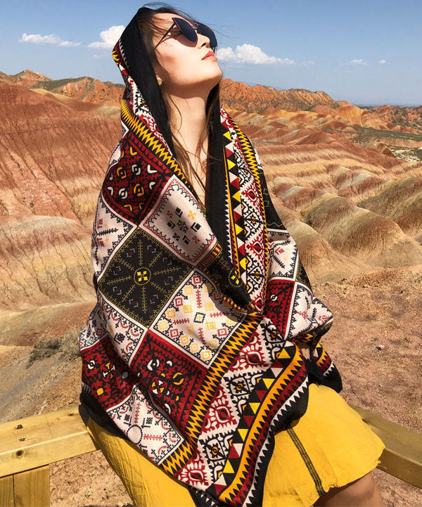 Boho Colorblock Tasseled Print Linen Shawl