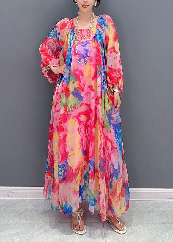 Boho Floral Wrinkled Lace Up Patchwork Chiffon Long Dress Summer