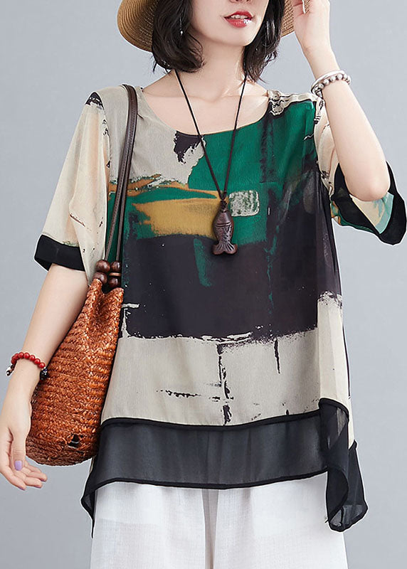 Boho Green Asymmetrical Design Print Chiffon Tank Tops Short Sleeve