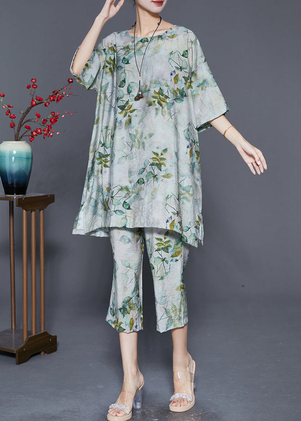 Boho Green O-Neck Leaf Print Linen Two Pieces Set Summer