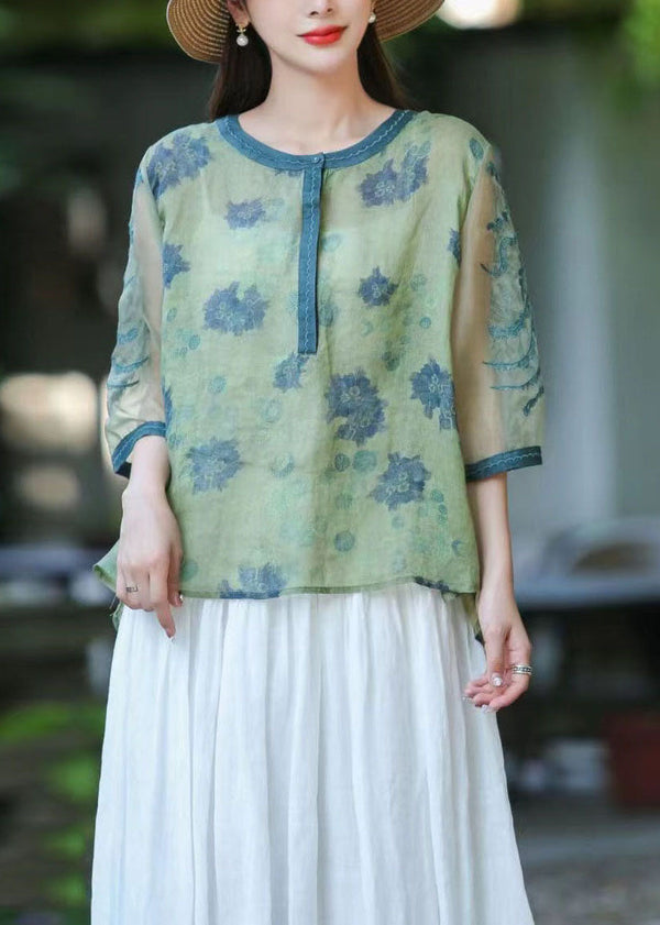 Boho Green O Neck Organza Embroidered Patchwork Linen Top Summer