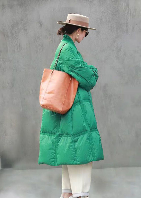 Boho Green V Neck Solid Thick Duck Down Down Jacket Winter