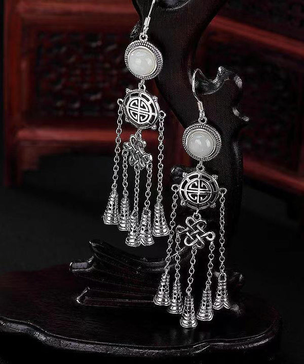 Boho Jade Patchwork Tassel Silver Drop Earrings