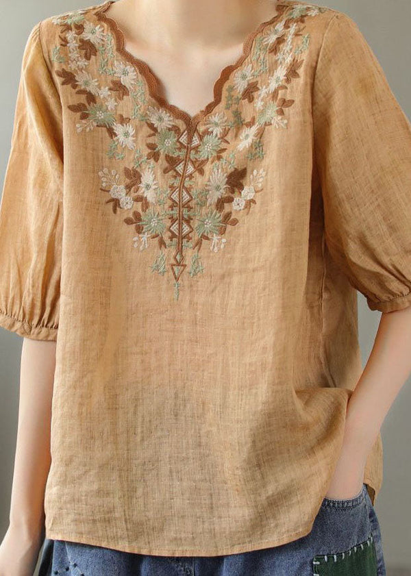 Boho Khaki V Neck Embroidered Patchwork Linen T Shirt Summer