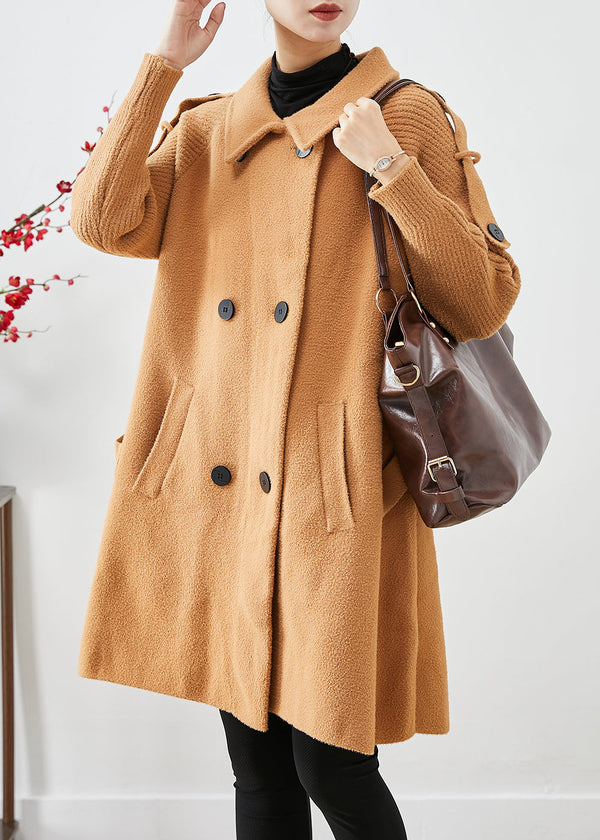 Boho Light Camel Double Breast Patchwork Knit Woolen Trench Coats Fall