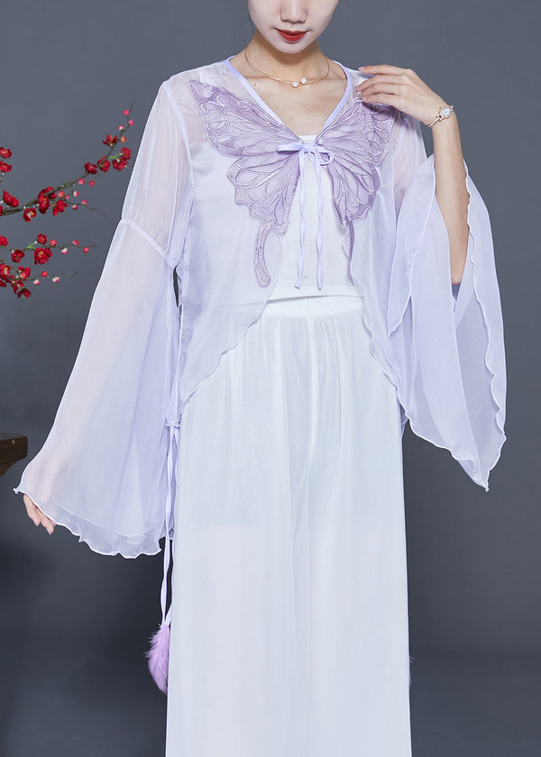 Boho Light Purple Butterfly Embroidered Chiffon Cardigan Flare Sleeve