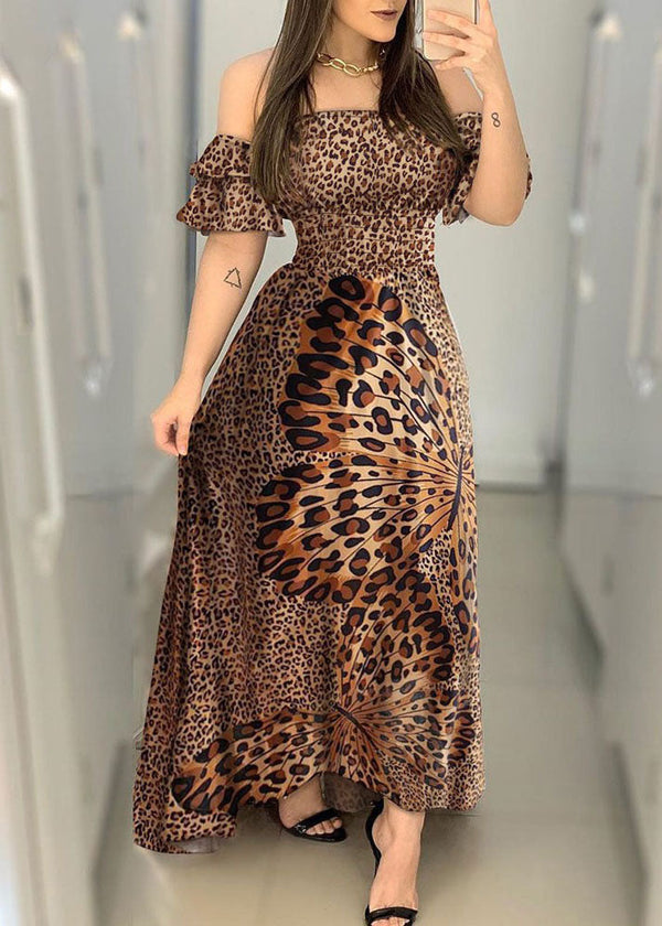 Boho Off The Shoulder Leopard Print Exra Large Hem Cinch Dress Vestidos Butterfly Sleeve