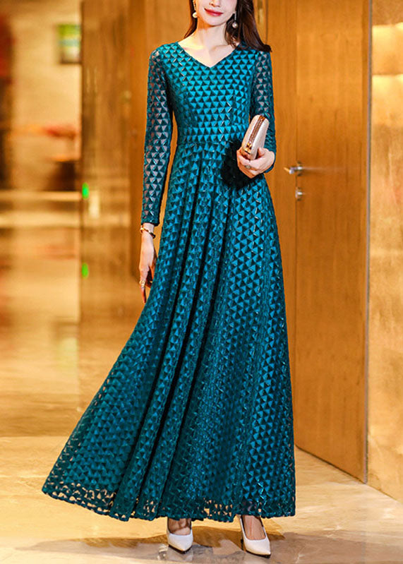 Boho Peacock Blue Wrinkled Hollow Out Lace Long Dress Long Sleeve