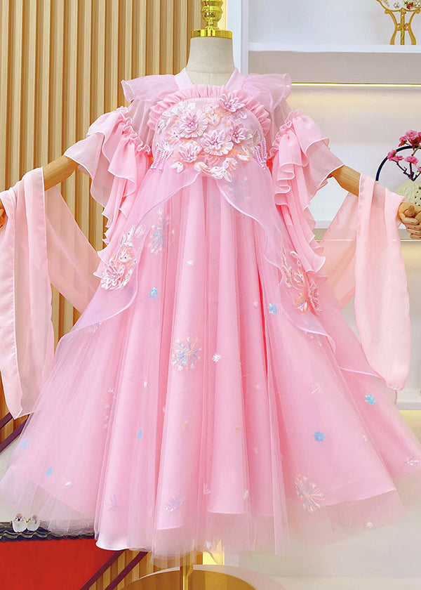 Boho Pink Embroidered Ruffled Tulle Kids Girls Long Dresses Summer