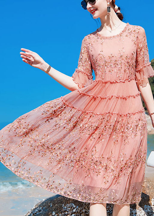 Boho Pink O-Neck Ruffled Print Silk Maxi Dresses Short Sleeve